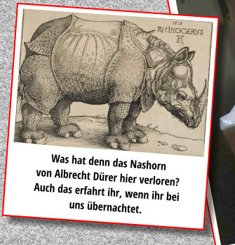 Was hat denn das Nashorn  von Albrecht Dürer hier verloren?  Auch das erfahrt ihr, wenn ihr bei  uns übernachtet.